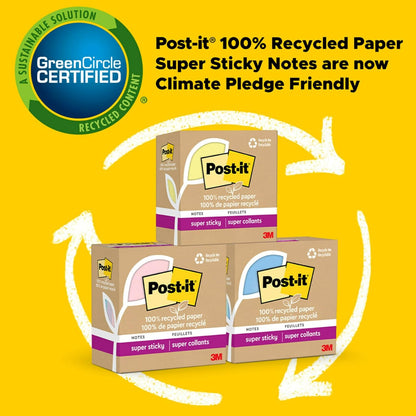 Post-it 100% Recycled Paper Super Sticky Notes, Lined, 4 in. x 6 in., 4 Pads, 45 Sheets per Pad, Wanderlust Pastels, School Supplies and Office Products