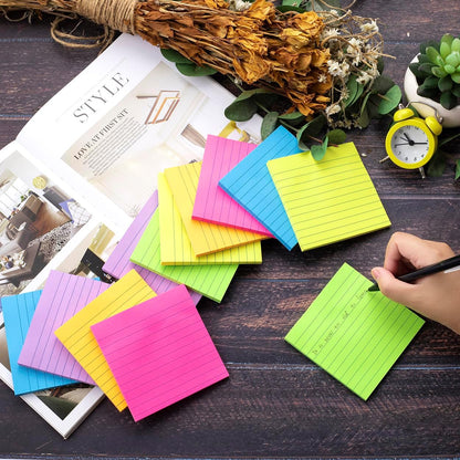 (12 Pads) Lined Sticky Notes 4x4 in, 6 Bright Colors Self-Stick Note Pads