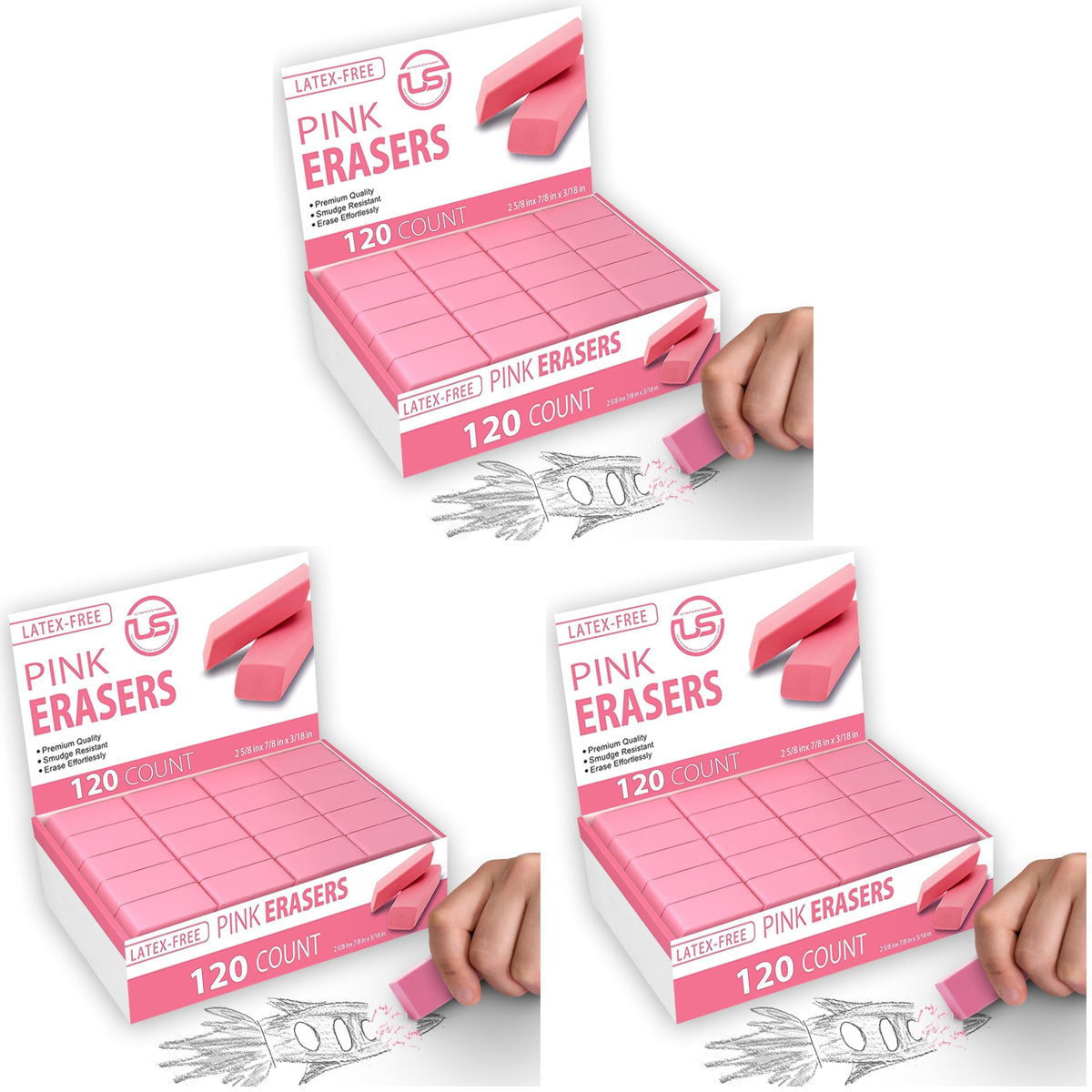 Pink Erasers, 120 Count Rectangular Eraser Bulk Pack, Latex Free Pink Pearl Erasers for School Supplies, Art and Office