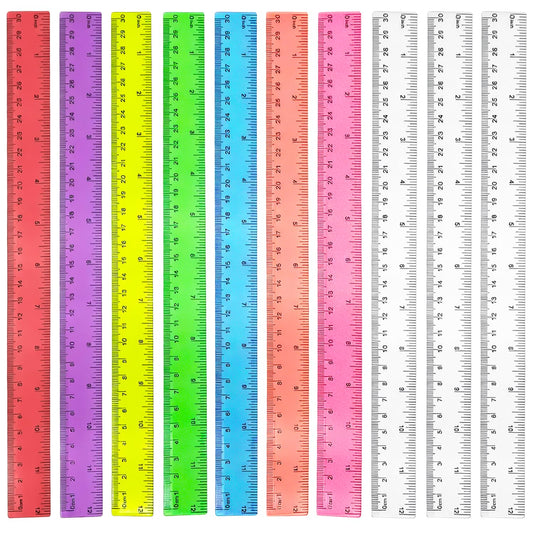 10 Pack Assorted Color Clear Plastic Rulers, 12 Inch/30 cm Transparent Ruler with Inches and Centimeters, Shatterproof Rulers for School Classroom Office Home Supplies