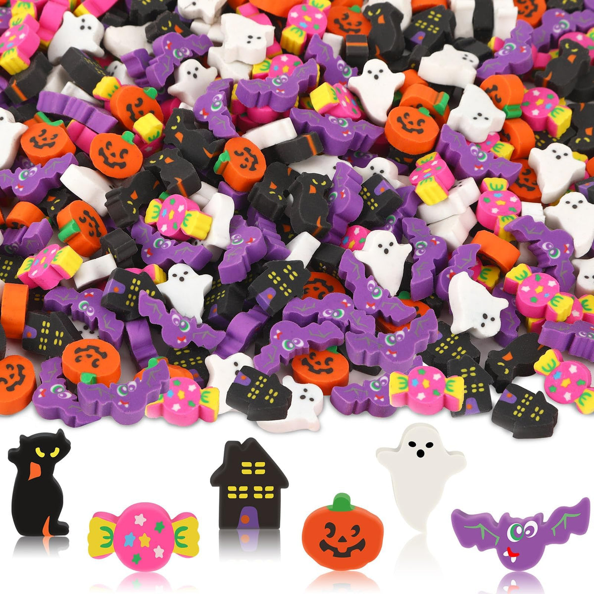 JUNEBRUSHS 300 Pcs Halloween Mini Erasers, Cute Bat Pumpkin Erasers Bulk